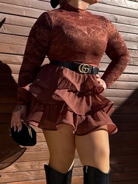 BROWN LACE RUFFLE MINI SHORT DRESS LARGE L FASHION NOVA SOLD OUT HOT COWGIRL